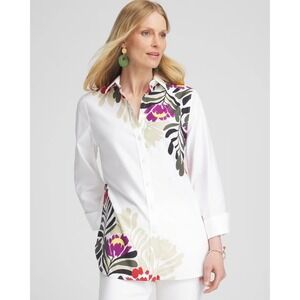 Chico's Floral Botanical Print Button Front Shirt White Red Purple Size 2 L